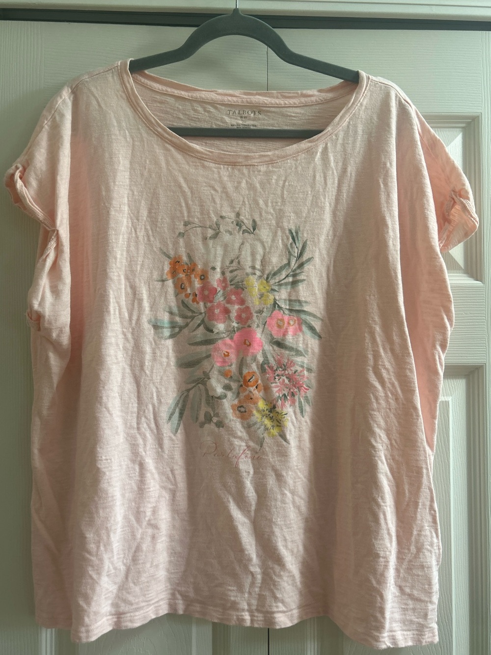 Talbots T-Shirt Women’s 2X Pink Floral Bouquet  Short Sleeve Cotton Blend Plus
